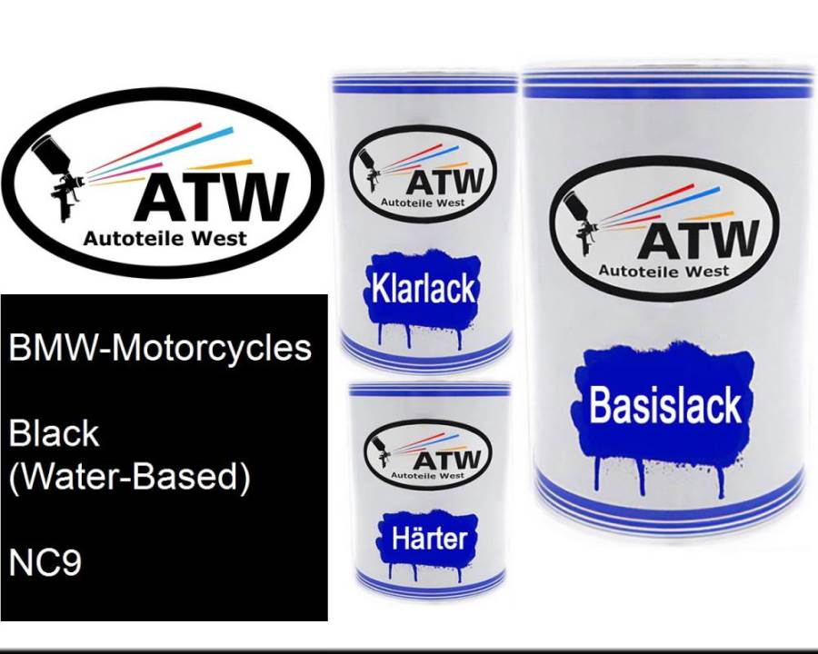 BMW-Motorcycles, Black (Water-Based), NC9: 500ml Lackdose + 500ml Klarlack + 250ml Härter - Set, von ATW Autoteile West.